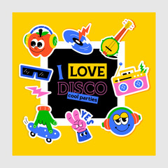 A disco vector showcasing a mix of musical instruments, playful smileys, energetic parties