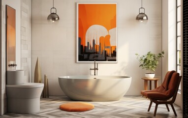 A bathroom with a large white bathtub and a small orange rug. A large orange framed picture hangs on the wall above the bathtub. A potted plant sits on a table next to the bathtub