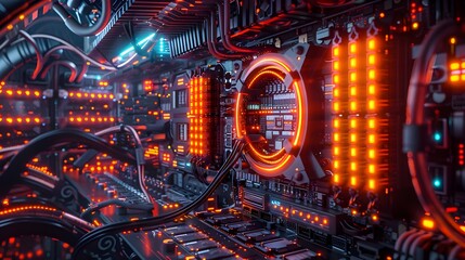 Cyberpunk Computer Hardware in Full Swing An AI-Powered Cryptocurrency Mining Rig with Glowing Lights and Advanced Circuitry