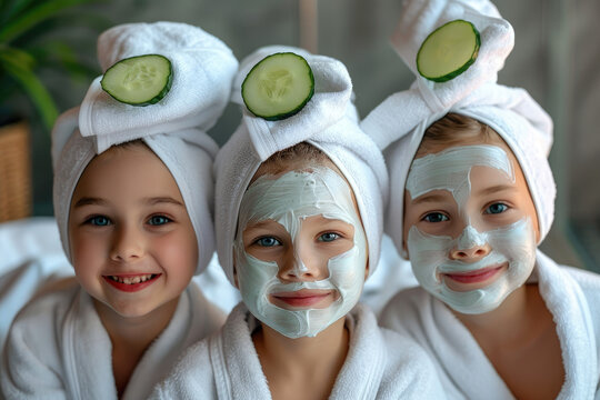Happy little girls wearing white bathrobes towels on head having cucumber facial skin care mask. Smiling girls friends relaxing at spa beauty salon - Powered by Adobe