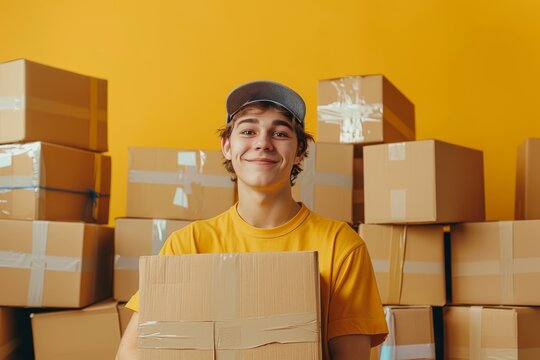 Cheerful shipping clerk surrounded by cardboard boxes in a vibrant room