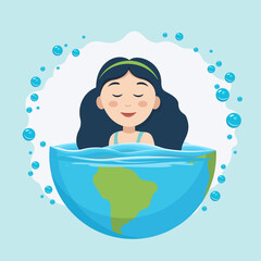 World Water Day. A girl swims in water on planet Earth. Vector illustration.