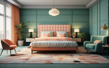 A bedroom with a pink bed, green chair, and a green couch. The room is decorated in a bright and cheerful color scheme