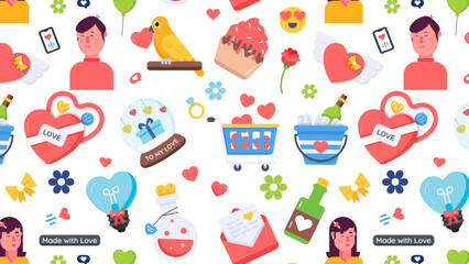 A valentine pattern depicting lovely gifts, sweet gestures and romantic presents 