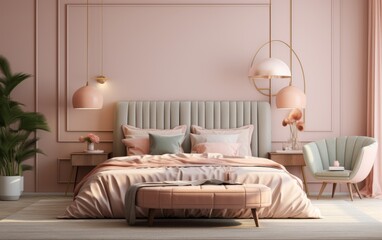 A bedroom with a pink wall and pink bedding. The bed is covered in pink sheets and pillows. There is a pink chair and a green chair in the room. A potted plant is placed near the bed - obrazy, fototapety, plakaty