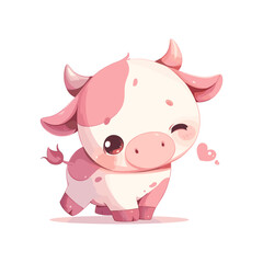 Fototapeta premium Funny Vector Illustration with cute pink cow. Abstract Print with Cow on a Pastel Pink Background.Sweet kawaii Art with Dairy Cow in love Smiling. Cool Milk.