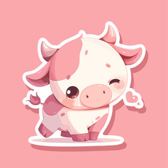 Fototapeta premium Funny Vector Illustration with cute pink cow. Abstract Print with Cow on a Pastel Pink Background.Sweet kawaii Art with Dairy Cow in love Smiling. Cool Milk.