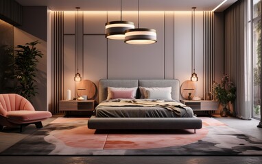A bedroom with a pink chair, a bed, and a nightstand. The bed is covered in a white comforter and the nightstand has a lamp on it. The room has a modern and elegant feel to it