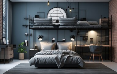 A bedroom with a bed, desk, and chair. The bed is a bunk bed with a window above it. The room has a modern and minimalist design with a blue wall