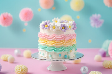 fancy rainbow cream cake on pastel background