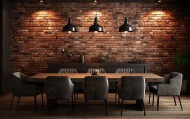 A brick wall with a wooden table and chairs