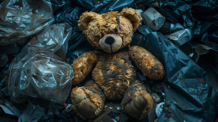 Broken teddy bear in the trash
