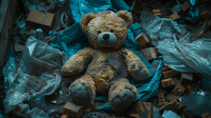 Broken teddy bear in the trash
