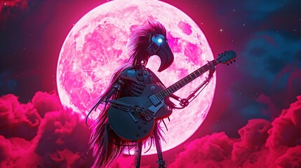 A cybernetic flamingo playing electric guitar under a glowing pink moon