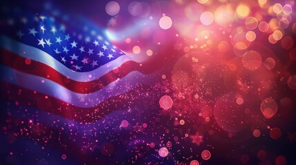 USA flag on defocused light bokeh background. Template for celebrating United States of America national holidays - 4th of July, Memorial day, Veteran's day and other. - obrazy, fototapety, plakaty