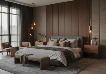 Stylish interior of contemporary room with comfortable bed