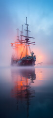 Obraz premium A haunted ship appears behind the fog, ai generative