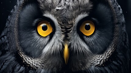 closeup round yellow eyes of great gray owl looking away at dark night