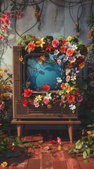 Fototapeta na wymiar A vintage television set sprouting a lush garden of colorful flowers and vines