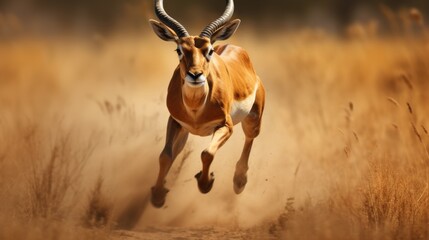 photo wildlife antelope running on savanna - obrazy, fototapety, plakaty