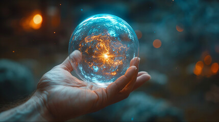 Man's hand holding bubble with magic inside. Fantasy blue-orange sphere in hand. - obrazy, fototapety, plakaty