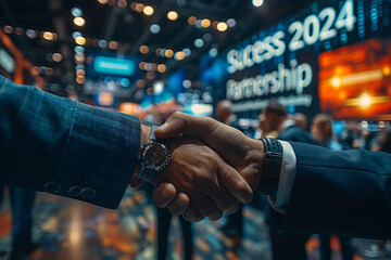 A photo capturing a symbolic handshake between two business leaders in front of a "2024 Success Partnership" digital display at a tech expo, representing strategic alliances. Created Using: medium sho