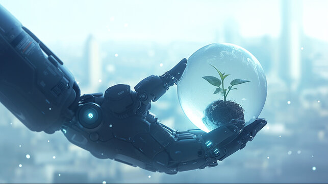 Futuristic robotic hand holding plant sphere. Transparent blue sphere with a small sprout plant inside in robot's hand. 
