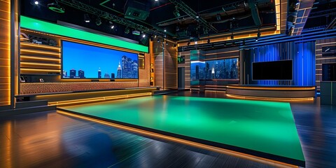 Modern TV studio featuring large green screen for virtual sets . Concept Virtual sets, Green screen technology, Modern studio, TV production, Film backdrop