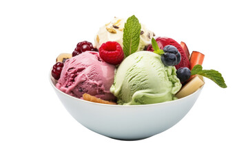 soy ice cream Various flavors such as vanilla, chocolate and green tea. Place in a bowl and decorate with fresh fruit. Emphasizes freshness Isolated on transparent background.