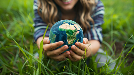 Female hands holding a globe on the grass, Earth Day, the importance of loving nature
