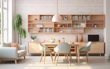 A modern living room with a white brick wall and a white couch. The room has a wooden dining table with four chairs and a potted plant. There are many books on the shelves