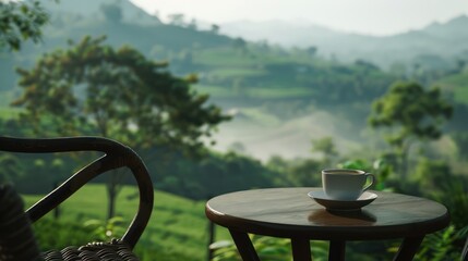 Fototapeta premium portraying serene morning with a cup of tea on a small side table. You are overlooking a beautiful green valley