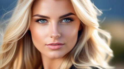 Fototapeta premium Very beautiful blonde girl with blue eyes, clean skin, well-groomed hair