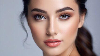 Fototapeta premium Very beautiful girl with dark hair, brunette with clear skin, well-groomed hair