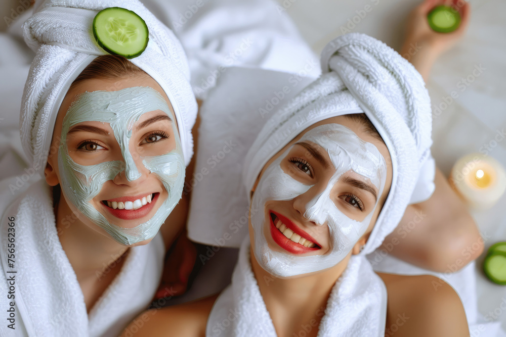 Wall mural Happy girls wearing white bathrobes towels on head having cucumber facial skin care mask. Smiling girls friends relaxing at spa beauty salon