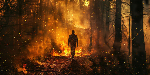 Forest burnt by fire with charred burnt trees and silhouette of man in woods. Climate change and environment natural disaster caused by people. Fire flames arson damaged ecology wildfire danger.