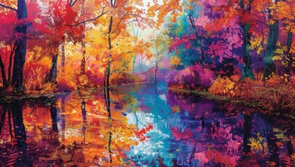 A vibrant autumn forest scene with colorful leaves reflecting on the water's surface Generative AI