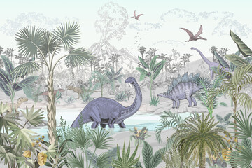 Blue Dino World, Watercolor landscape, Green palm trees, Dinosaurus, Jurrasik World, Wildlife, wallpaper mural, kids wall art, jungle animal