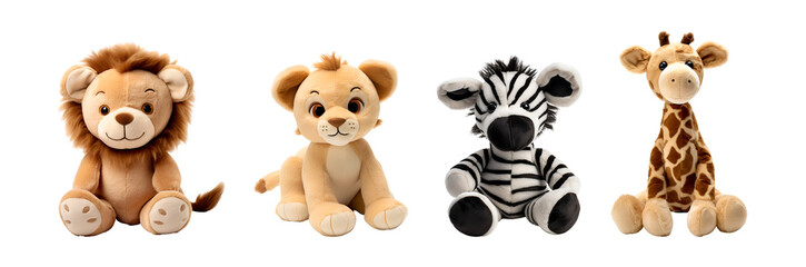 Cartoon 3D Illustration of Cute Stuffed Animal Toy Set - Baby Lion, Lion Zebra and Giraffe from Savannah, Isolated on Transparent Background, PNG - obrazy, fototapety, plakaty