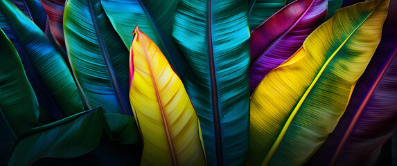 tropical banana leaf texture, large palm foliage nature colored multi colored