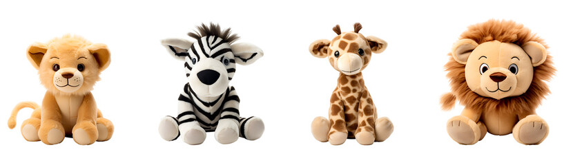 Savannah’s Baby Lion, Lion Zebra and Giraffe Stuffed Animal Toy Set in Cute Cartoon 3D Illustration, Isolated on Transparent Background, PNG - obrazy, fototapety, plakaty