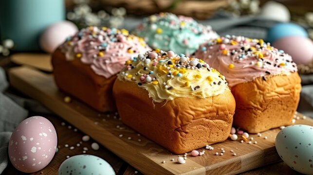 Delicious Easter pastries decorated with flowers, eggs and colored icing on a wooden stand. Traditional Easter holiday