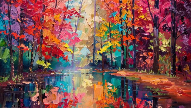 A vibrant autumn forest scene with colorful leaves, reflecting on the water's surface, rendered in the style of an impressionist using oil paints and palette knife techniques Generative AI