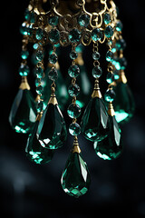 Antique chandelier with emerald green teardrop crystals and golden details - 756562703