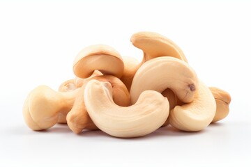 cashews. a bunch of peeled nuts on a white background. a healthy vegan product. - obrazy, fototapety, plakaty