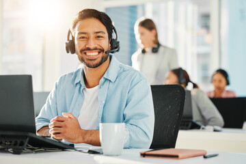 Call center, customer support and portrait of Asian man in office for consulting, networking and...
