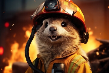 Brave Firefighter Meerkat amidst dramatic backdrop of fiery sparks and blaze - 756562943