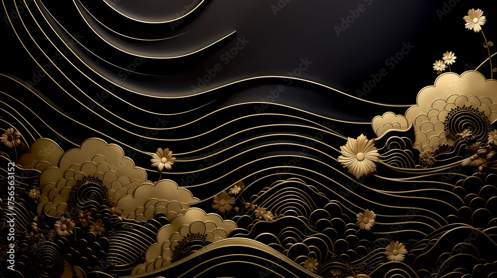 Sticker Horizontal Luxury Image of Elegant Gold Pattern on Black Background in Japanese Style