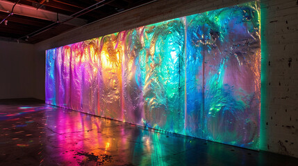 Modern holographic epoxy wall casting a spectrum of vibrant colors