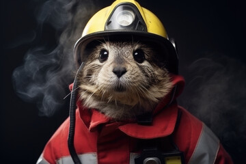 Brave Firefighter guinea pig amidst dramatic backdrop of fiery sparks and blaze - 756563187